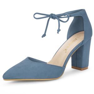 Ankle Tie Chunky Heel Haze Blue Pointed Toe Dress Pumps